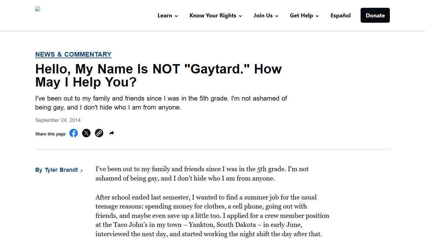 Hello, My Name Is NOT "Gaytard." How May I Help You? - ACLU of Texas