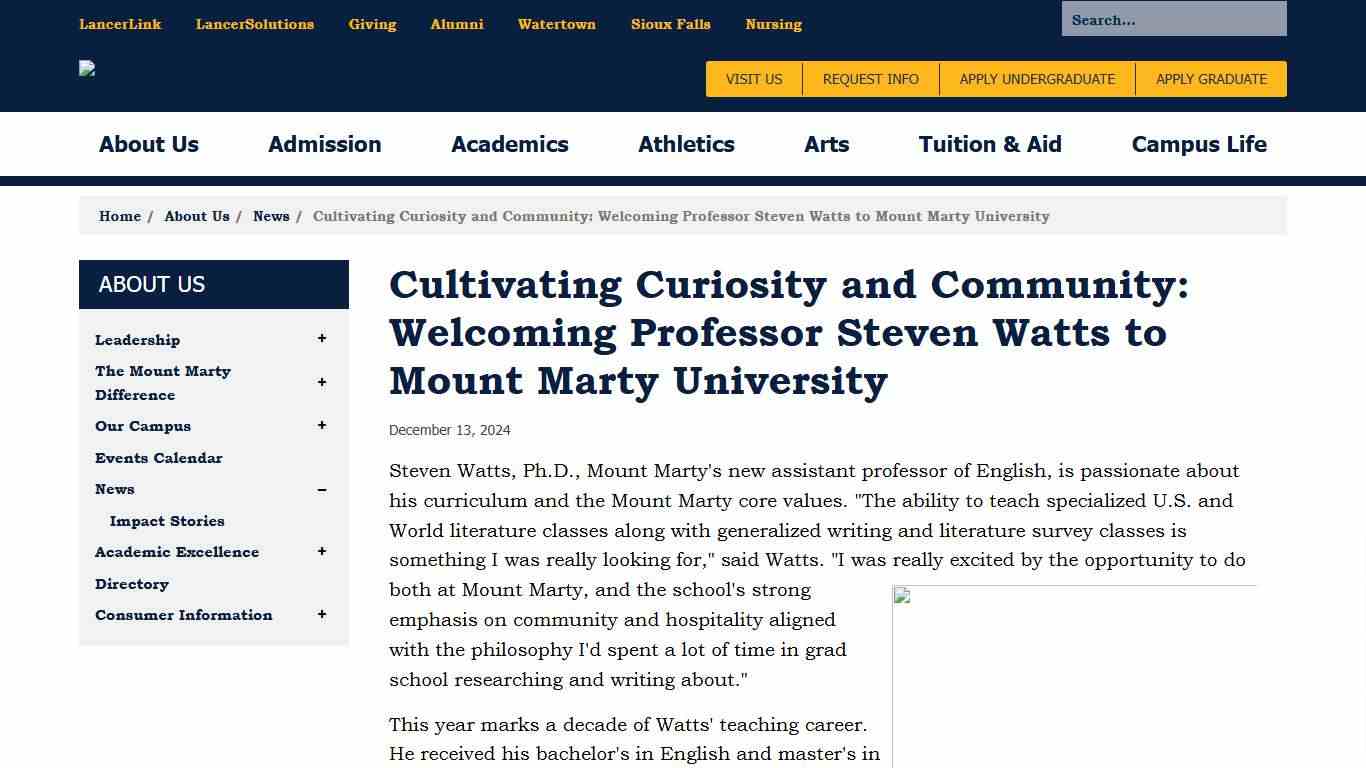 Cultivating Curiosity and Community: Welcoming Professor Steven Watts to Mount Marty University